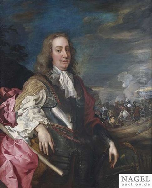 Portrait Of A Commander In Armour In Front Of A Battle In Gun Smoke Oil Painting by Jacob Huysmans