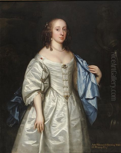 Portrait Of Ann, Viscountess Bayning, Wife Of H Murray Esqr, Standing, Three-quarter Length, Wearing A Cream Satin Dress And Blue Cloak Oil Painting by Jacob Huysmans