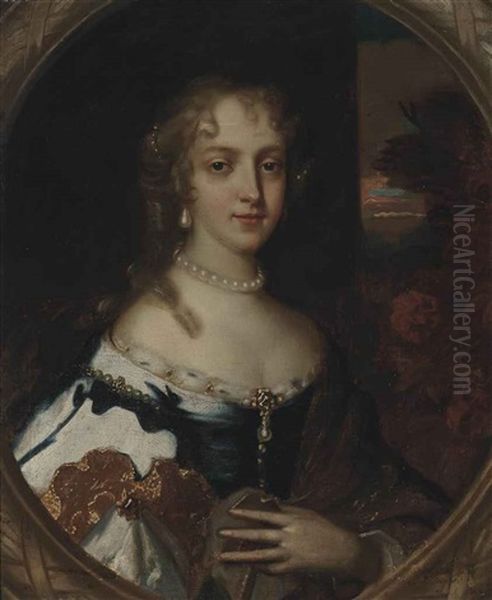 Portrait Of A Lady, Half-length, In A Blue Dress With Fur Trim, And Pearls, In A Painted Oval Oil Painting by Jacob Huysmans