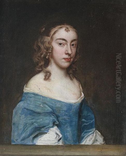 Portrait Of A Lady In A Blue Dress And A White Chemise, Seated Behind A Stone Ledge Oil Painting by Jacob Huysmans