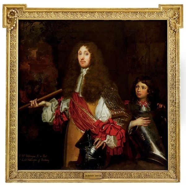 Portrait Of Sir William Widdrington, 2nd Baron Widdrington Of Blankney, In A Buff Coat With White Sleeves With Red Bows, A Young Boy At His Side Oil Painting by Jacob Huysmans