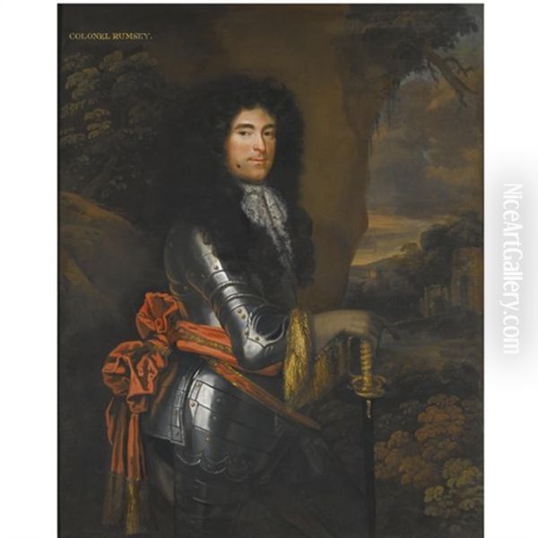 Portrait Of Colonel John Rumsey, Three-quarter Length, Wearing Armour, Standing Before A Landscape Oil Painting by Jacob Huysmans