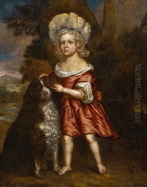 Portrait Of A Young Girl, Full-length, In Red Costume With A White Chemise, A Dog At Her Feet Oil Painting by Jacob Huysmans