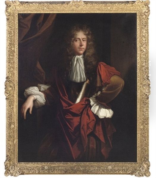 Portrait Of A Gentleman In A Buff Coat, A Breast Plate And A Burgundy Wrap Oil Painting by Jacob Huysmans