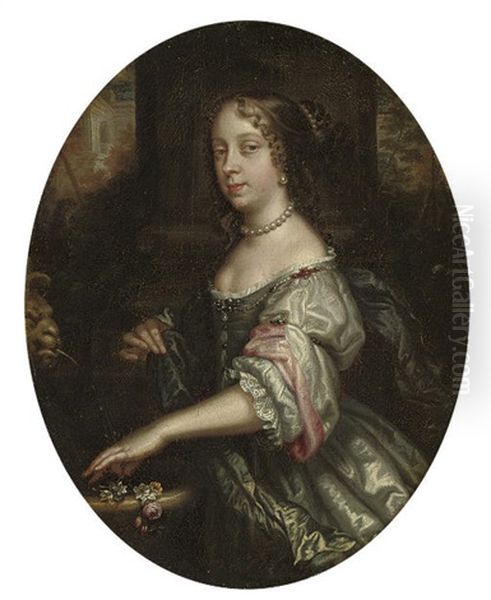 Portrait Of A Lady In An Oyster Satin Dress With Pink Sleeves, Pearl Ornaments And A Blue Wrap Oil Painting by Jacob Huysmans