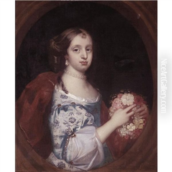 Portrait Of A Young Lady, Half Length, Wearing A Blue Embroidered Dress And Holding A Posy Of Flowers Oil Painting by Jacob Huysmans