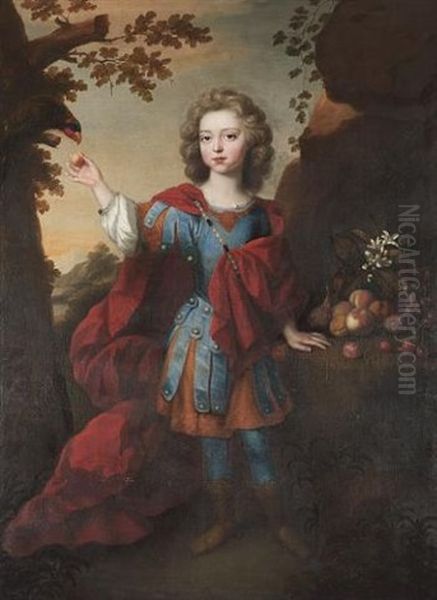 Portrait Of A Boy, Standing Full-length, In Roman Dress, In A Landscape, Feeding A Parrot, Beside A Still Life Of Fruit Oil Painting by Jacob Huysmans