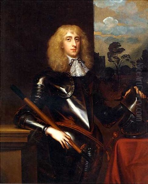 Portrait Of A Gentleman (one Of The Sons Of Sir William Cowper, Of Ratlin Court, Kent?) In Armour And White Jabot, Holding A Baton In His Right Hand, His Left Hand On His Helmet, A Landscape Beyond Oil Painting by Jacob Huysmans