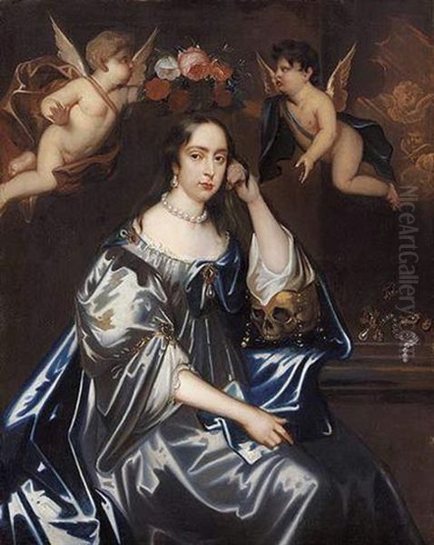 Portrait Of A Lady In A Silver Dress And Blue Mantle, Her Left Arm Resting On A Skull, Two Putti Holding A Wreath Of Flowers Above Her Head, Scattered Jewellery To Her Side Oil Painting by Jacob Huysmans