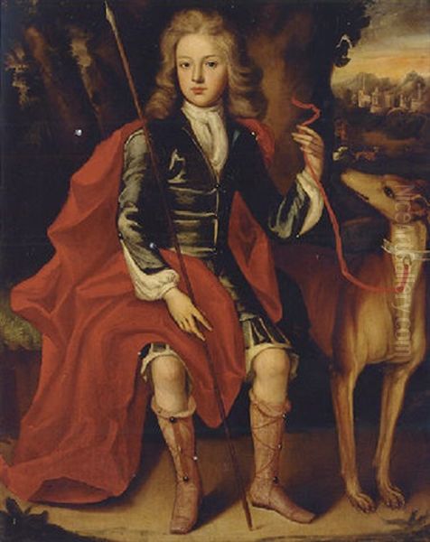 Portrait Of A Young Huntsman In A Blue Coat With A Crimson Wrap, Holding A Spear, A Hound At His Side Oil Painting by Jacob Huysmans