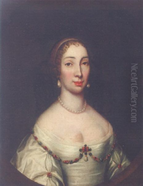 Portrait Of A Lady In A Jewelled White Dress And Pearl Necklace Oil Painting by Jacob Huysmans