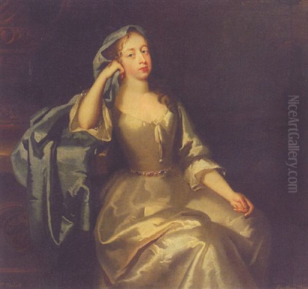 Portrait Of Mrs Tyrell, In A White Satin Dress And Blue Shawl, A Landscape Beyond Oil Painting by Jacob Huysmans