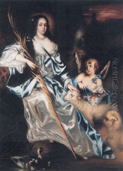 Portrait Of Queen Catherine Of Braganza As Saint Catherine, A Palm Frond In Her Right Hand, Her Left Hand Resting On A Lamb With A Putto Strewing Flowers Oil Painting by Jacob Huysmans