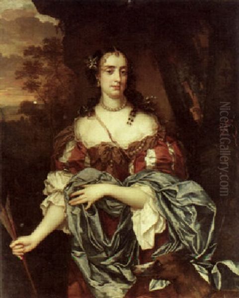 Portrait Of A Lady (queen Catherine Of Braganza?} As Diana The Huntress, A Landscape Beyond Oil Painting by Jacob Huysmans