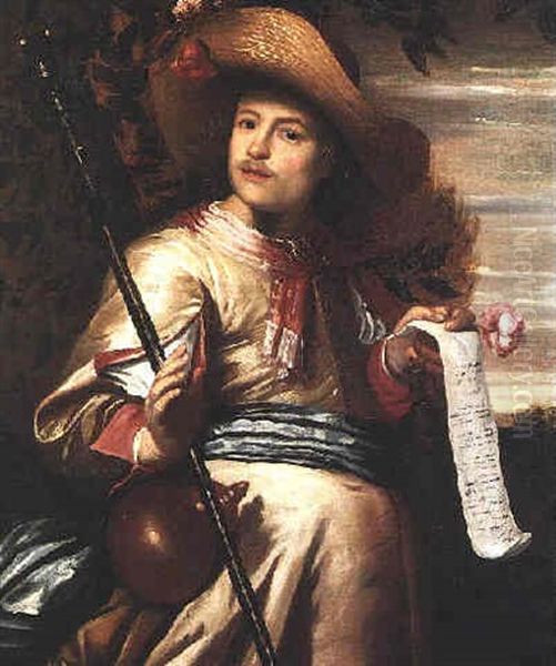 Portrait Of An Elegant Young Gentleman, Standing Three-quarter Length In The Guise Of A Gardener, Holding A Hoe In His Right Hand And A Letter And A Rose In His Left Hand Oil Painting by Jacob Huysmans