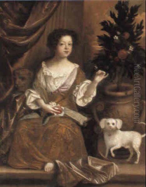 Portrait Of A Young Lady With A Dog Beside Her On A Terrace Oil Painting by Jacob Huysmans