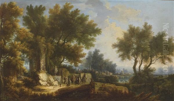 Antikisierende Landschaft Mit Ruinenmotiven Und Figurenstaffage Oil Painting by Jan Baptist Huysmans