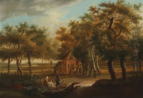 Wooded Landscape With Four Figures Sitting In The Foreground And Several Others Carrying Out The Day's Work In And Around A Cottage In A Clearing Oil Painting by Jan Baptist Huysmans