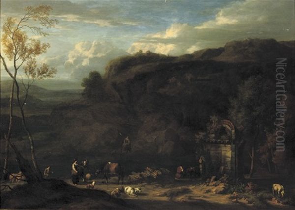 An Italianate Landscape With Peasants And Animals Oil Painting by Jan Baptist Huysmans