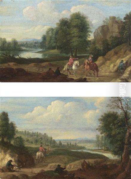 River Landscapes With Cavaliers On A Tracks (pair) Oil Painting by Jan Baptist Huysmans