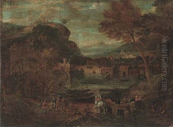 A Wooded River Landscape With With Travellers On A Track, Fisherman And Classical Buildings Beyond (+ Another, Similar; 2 Works) Oil Painting by Jan Baptist Huysmans