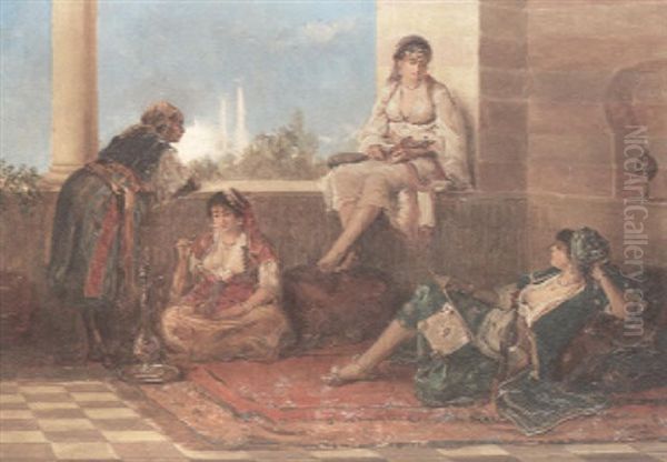 Turkish Women Passing Time On A Balcony With A View Of Hagia Sophia Beyond Oil Painting by Jan Baptist Huysmans