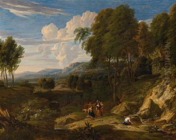 Paysage Italianisant Avec Personnages Pres D'une Source Et Un Monument Antique Oil Painting by Jan Baptiste Huysmans