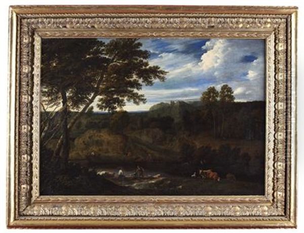 A Wooded River Landscape With Barge, Figures And Animals Oil Painting by Jan Baptiste Huysmans