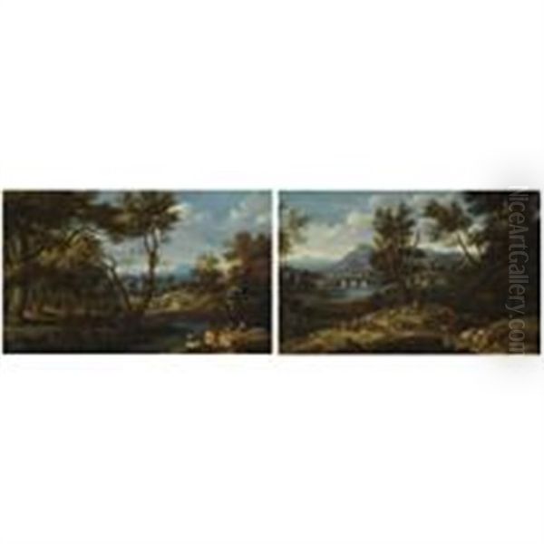 A Wooded River Landscape With Figures And Their Dogs (+ A Wooded River Landscape With Shepherds And Their Flock Resting; Pair) Oil Painting by Jan Baptiste Huysmans