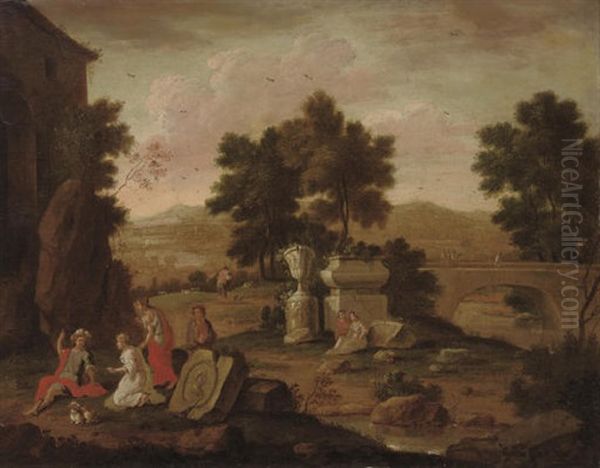 A River Landscape With Classical Ruins And Figures Conversing Oil Painting by Jan Baptiste Huysmans