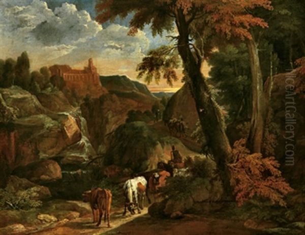 Gebirgige Waldlandschaft Mit Einem Kastell, Einem Wasserfall Und Hirten Mit Ihrer Herde (+ Waldlandschaft Mit Einem Maultiertreiber Und Kuhen An Einem Bach; Pair) Oil Painting by Jan Baptiste Huysmans