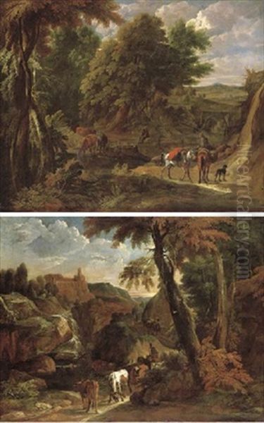 A Landscape With A Muleteer On A Path And A Herdsman Resting (+ An Italianate Landscape With Cattle On A Path; Pair) Oil Painting by Jan Baptiste Huysmans