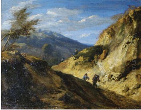 Travellers In A Mountainous Landscape Oil Painting by Jan Baptiste Huysmans