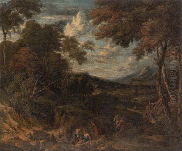 A Wooded Landscape With Classical Figures On A Path And By A Stream, A Villa Beyond Oil Painting by Jan Baptiste Huysmans