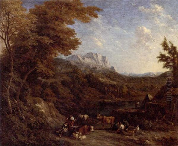 A Wooded Landscape With Peasants And Their Livestock Resting By A River Oil Painting by Jan Baptiste Huysmans