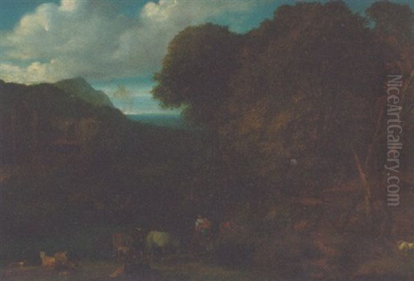 A Wooded River Landscape With Peasants On A Track, A Ruin Beyond Oil Painting by Jan Baptiste Huysmans