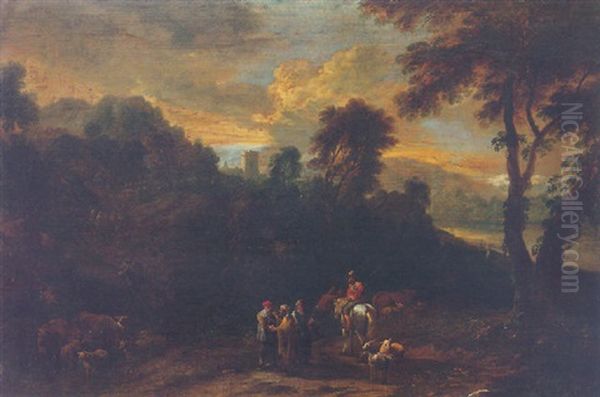 Wooded Landscape With Travellers And A Fortune Teller Oil Painting by Jan Baptiste Huysmans