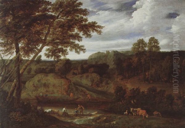 Gebirgige Fluslandschaft Mit Hirten Oil Painting by Jan Baptiste Huysmans