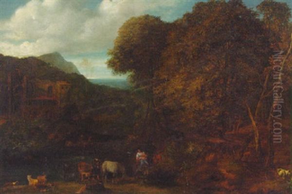 A Wooded River Landscape With Peasants On A Track, A Ruin Beyond Oil Painting by Jan Baptiste Huysmans