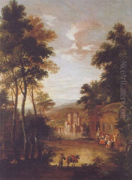 A Wooded Landscape With A Traveller, Villagers Outside An Inn, A Manor House On A Lake And Mountains Beyond Oil Painting by Jan Baptiste Huysmans