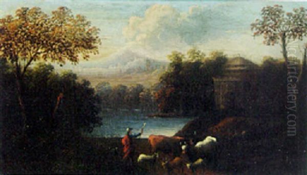 River Landscape With Drovers On A Path Oil Painting by Jan Baptiste Huysmans