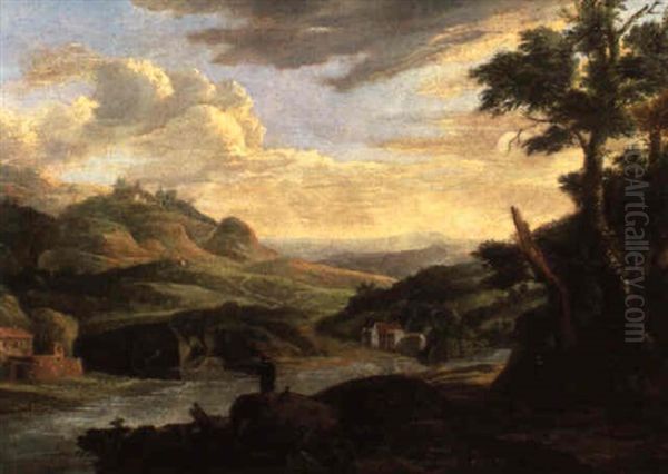 Gebirgige Fluslandschaft Mit Einem Angler Oil Painting by Jan Baptiste Huysmans