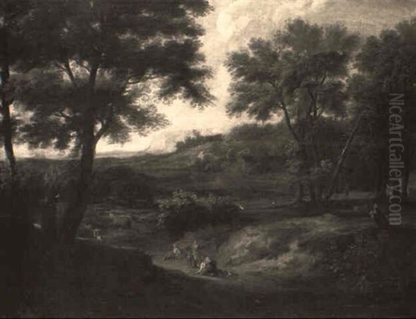 An Extensive Landscape With Nymphs And A Shepherd On A Path by Jan Baptiste Huysmans