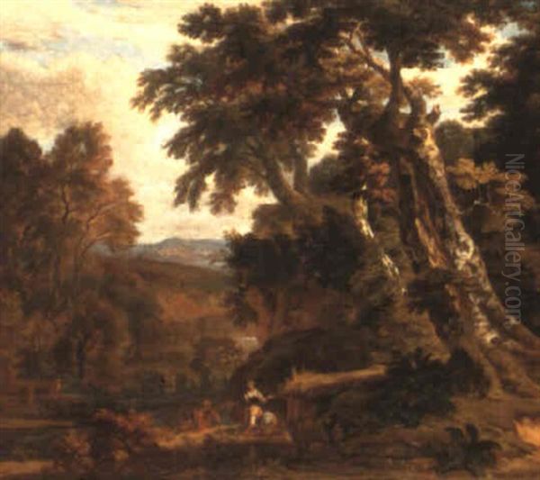 A River Landscape With Figures Oil Painting by Jan Baptiste Huysmans