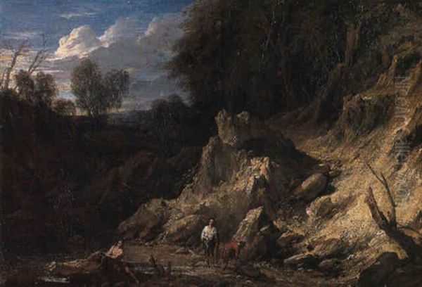 A Rocky Landscape With Men Bathing At A Pool Oil Painting by Jan Baptiste Huysmans