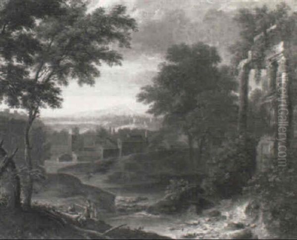 A River Landscape With Classical Ruins And Soldiers Resting By A Tree Oil Painting by Jan Baptiste Huysmans