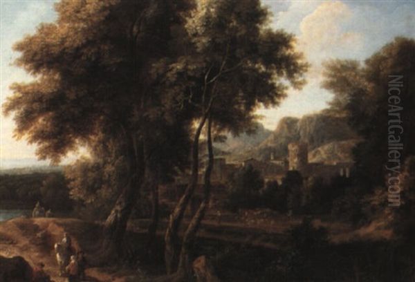 Wooded Italianate Landscape Oil Painting by Jan Baptiste Huysmans