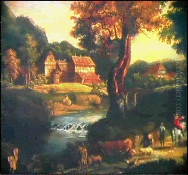 Paysage Fluvial Anime Oil Painting by Jan Baptiste Huysmans