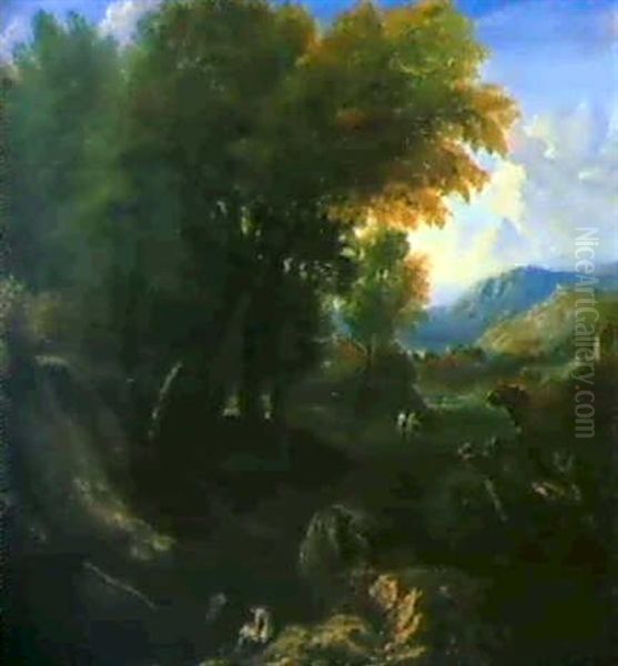 Bewaldete Gebirgslandschaft Mit Rastenden An Einem Tumpel. Oil Painting by Jan Baptiste Huysmans