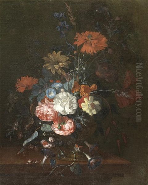 Roses, Morning Glory, Poppies And Other Flowers In A Terracotta Urn by Justus van Huysum the Elder